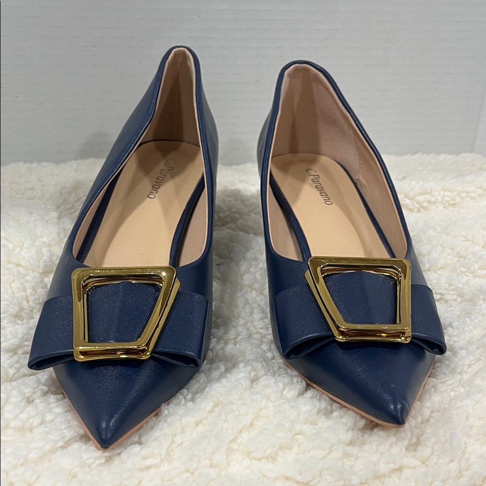 Chic Navy Flats with Gold Buckle by